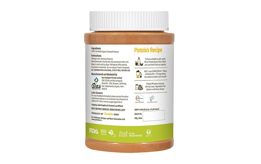 Pintola Peanut Butter Organic Creamy Unsweetened   Plastic Jar  1 kilogram